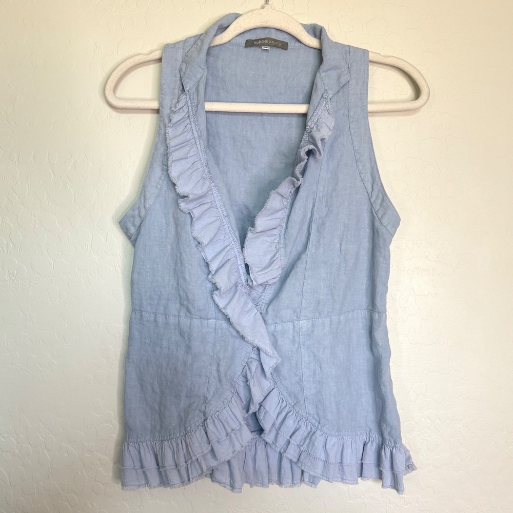 Subtle Luxury Women Linen Sleeveless Top M/L Blue Ruffle Vest Lagenlook Boho